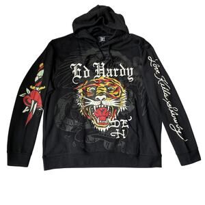 Ed Hardy Black Hoodie with Tiger and Heart Design